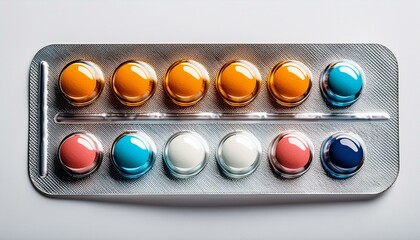 assorted colorful pills in blister pack on white background