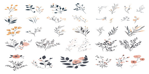 Hand-drawn wildflowers and blooming branches, luxury set of botanical elements for wedding invitations, save the date card design, vector art.