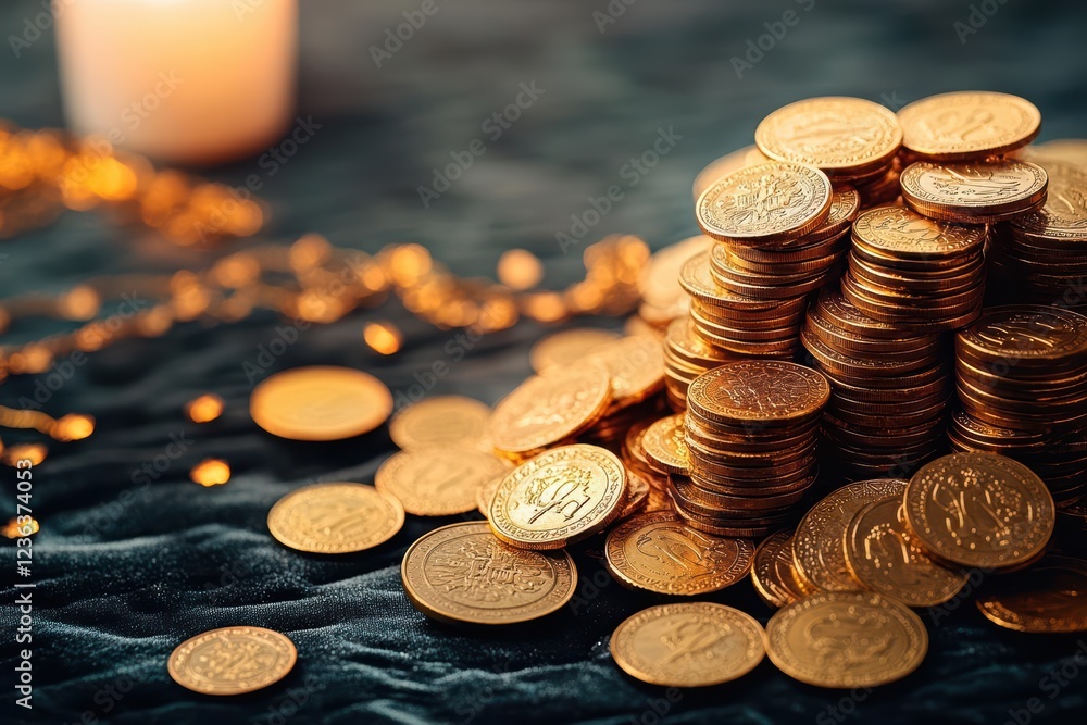 Poster a warm glowing candle illuminates a shimmering pile of coins creating a cozy atmosphere of wealth ri