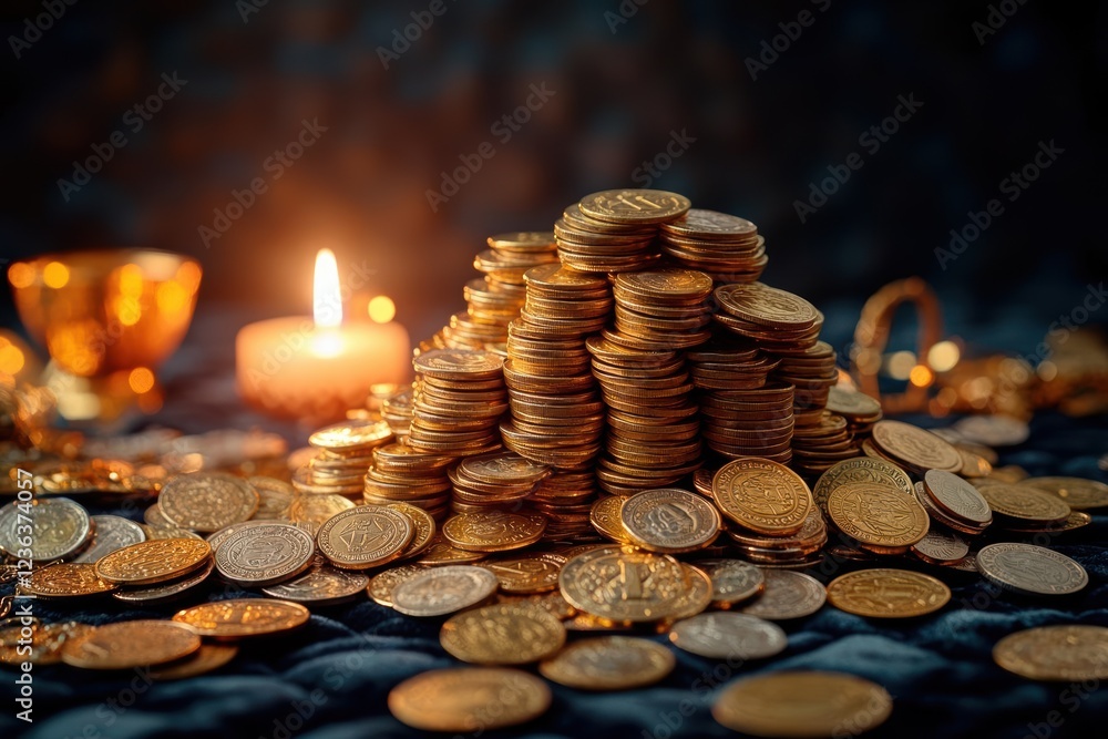 Aufkleber a glimmering pile of gold coins beside a softly flickering candle creating an atmosphere of warmth a