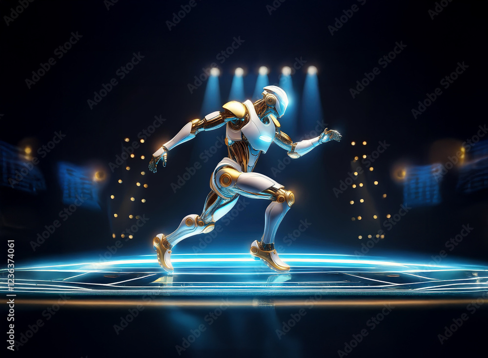 Poster A futuristic robot, white and gold, runs dynamically on a glowing stage illuminated by spotlights.  Its sleek design suggests advanced technology and agility.