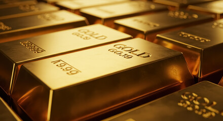 A close-up of stacked gold bars each polished to perfection and engraved with Gold