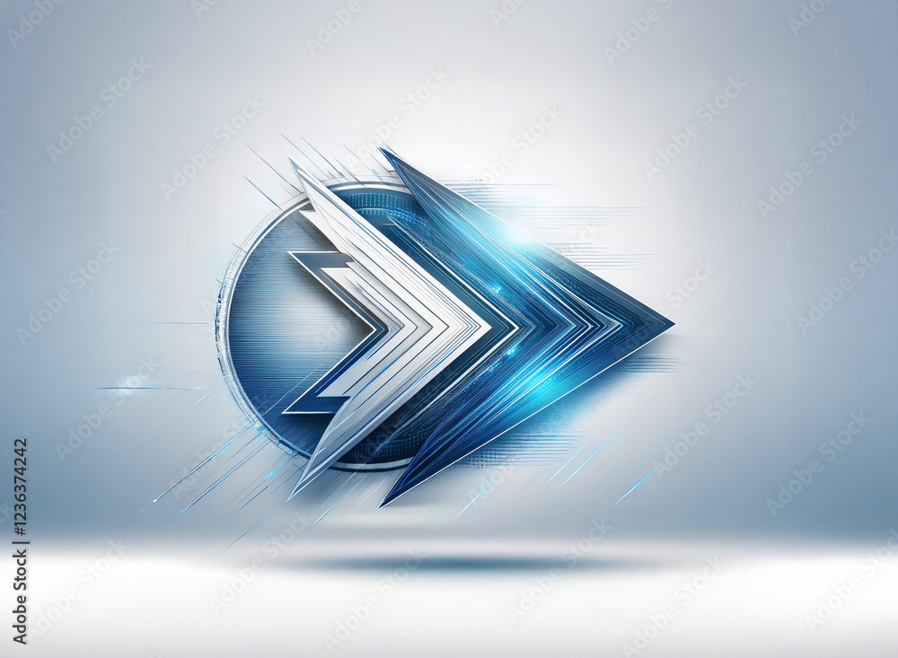 Poster abstract metallic arrows forming a dynamic, futuristic emblem. the design features sleek lines, glow