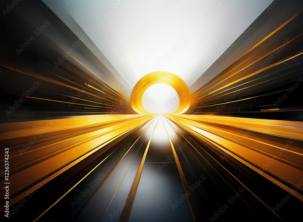 Poster abstract image depicting a futuristic, high-speed journey through a glowing gold tunnel. streaks of 