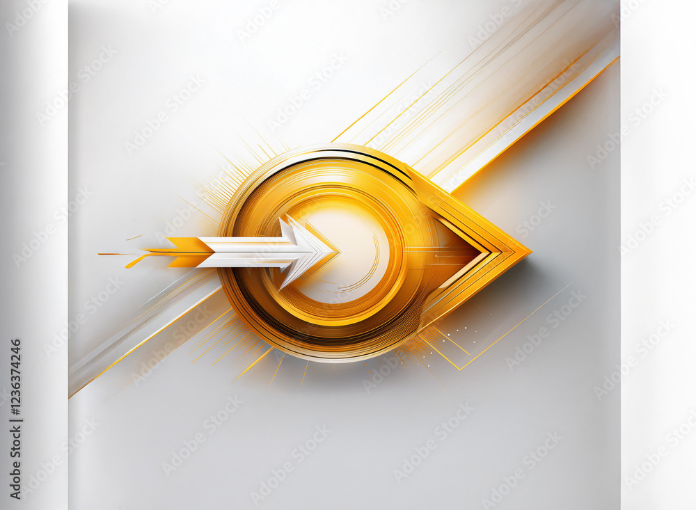 Fototapete Abstract image featuring a gold and white arrow inside a circular emblem, set against a dynamic, light grey background with diagonal lines suggesting motion and progress.