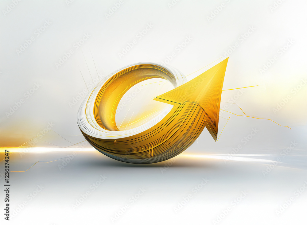 Poster Golden arrow forming a circular loop, signifying continuous progress and growth, set against a bright, minimalist background.  The arrow's design suggests technological advancement and innovation.