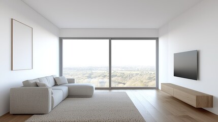Modern living room with city view, minimalist design, large window, beige sofa