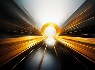 Abstract image depicting a futuristic, high-speed journey through a glowing gold tunnel.  Streaks of light and dark converge towards a bright center, suggesting rapid movement and a sense of transitio