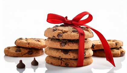 a stack of american chocolate chip cookies tied with a red ribbon on a white background