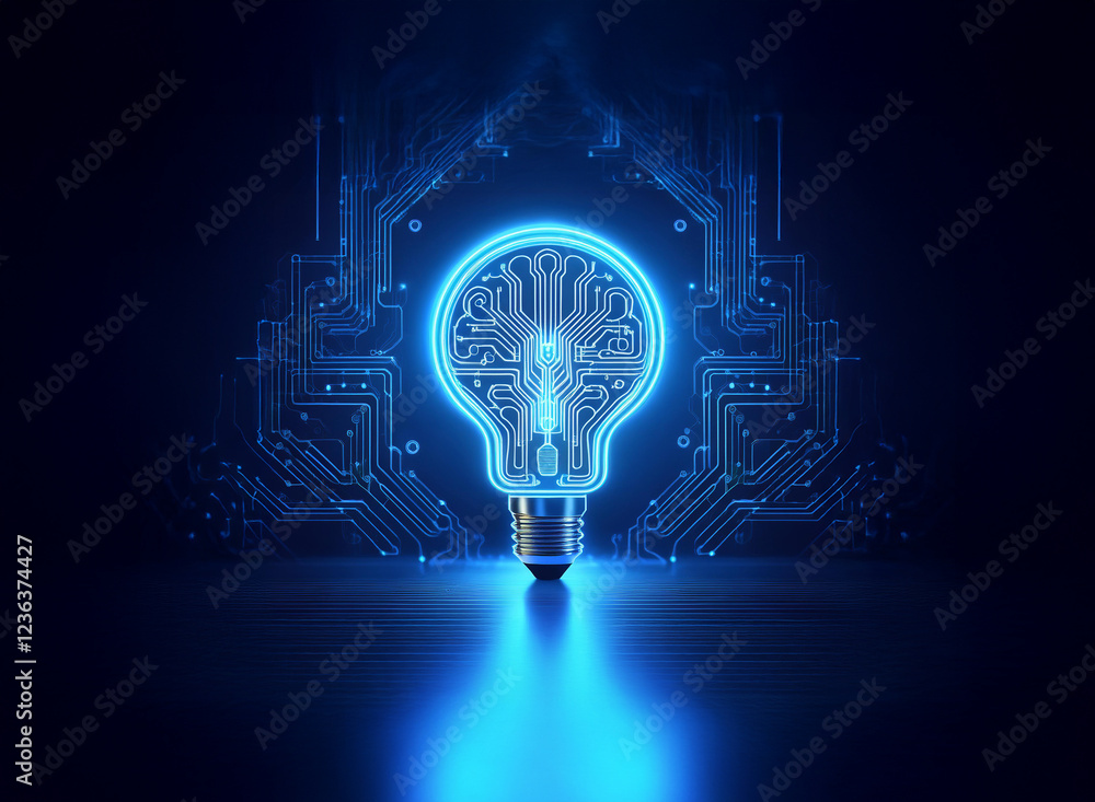 Aufkleber glowing lightbulb with brain circuitry design, reflecting on dark surface. represents innovation, te