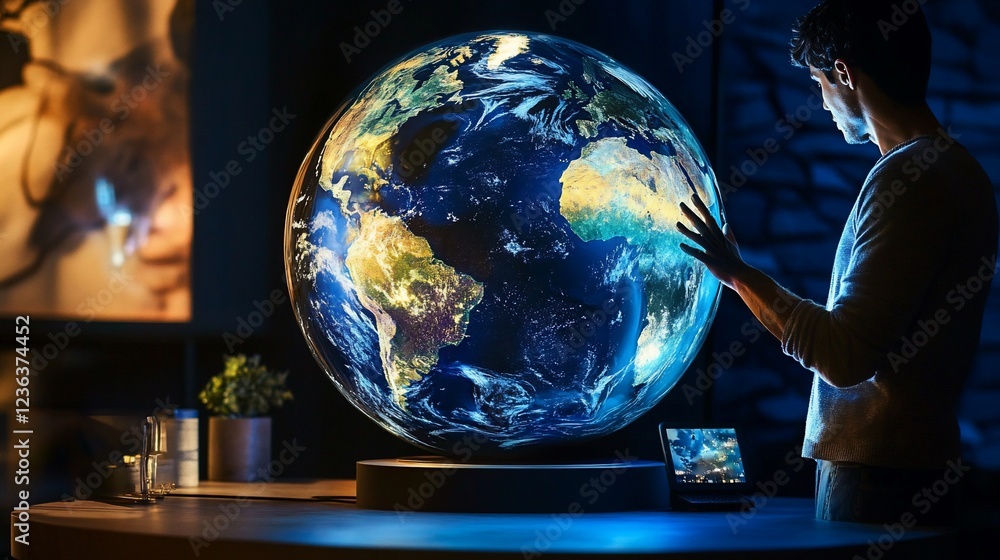 Poster man interacting with a digital globe on a table showcasing continents and oceans in a dark room