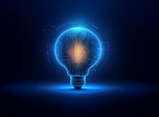 A glowing lightbulb, circuit board design, symbolizes innovative technology and bright ideas.  The futuristic image suggests digital intelligence and progress.