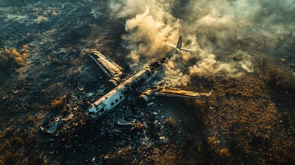 Naklejka premium Aerial view of a crashed plane outdoor open filed area a forest surrounded by smoke and scattered debris. Aviation disaster, emergency response, and environmental impact concepts.
