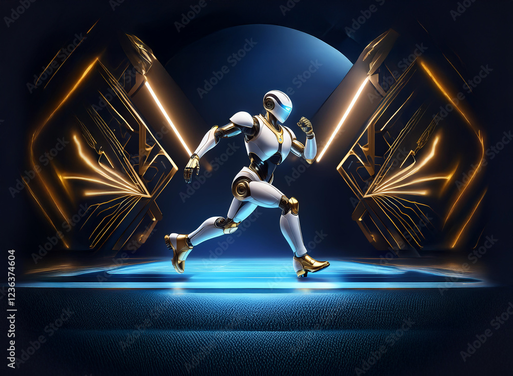 Poster A futuristic robot, white and gold, sprints across a glowing blue platform.  Surrounding it are ornate golden structures, lit with neon accents, creating a dynamic, high-tech scene.