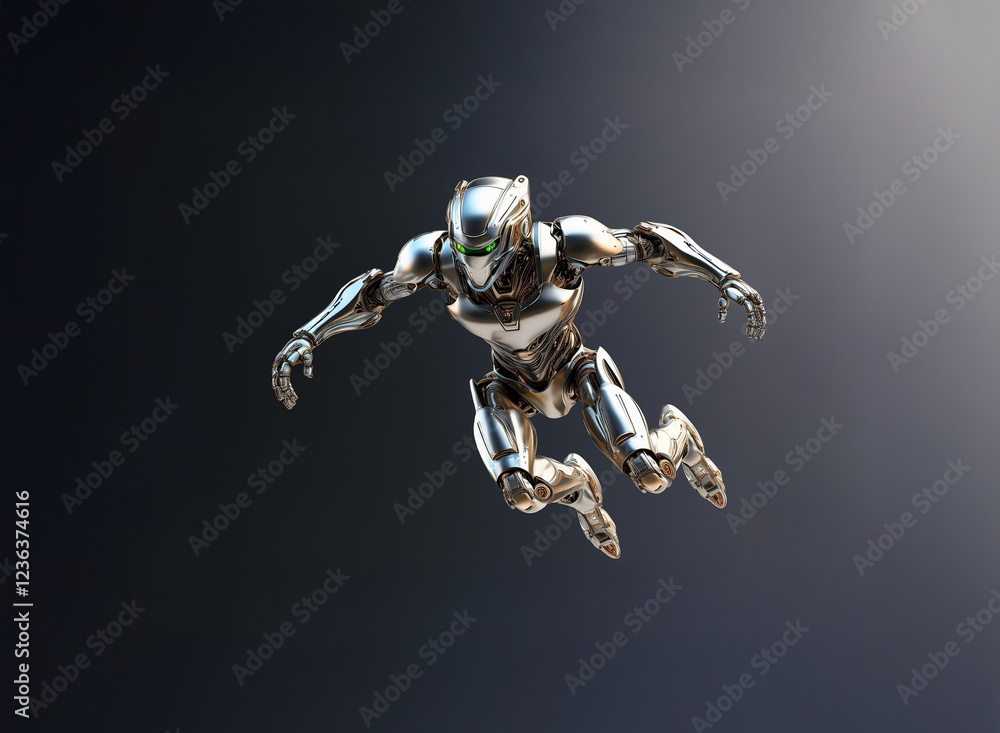 Poster a chrome robotic figure leaps forward, its metallic body gleaming against a dark background. the cre