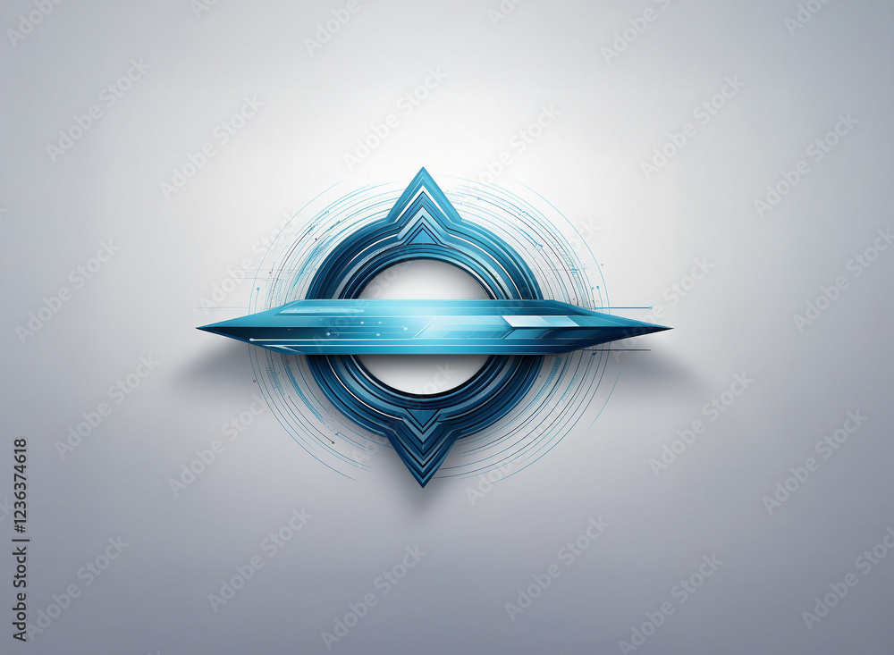 Poster abstract futuristic design. a sleek, blue, metallic compass-like emblem with concentric circles and 