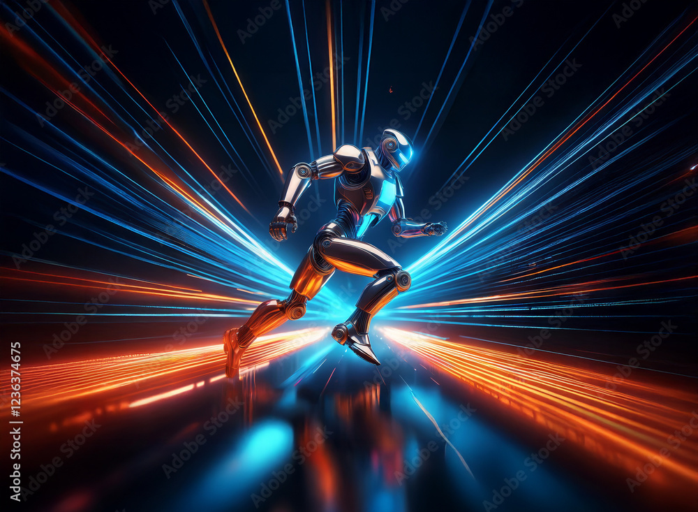 Poster A metallic robot runs at incredible speed, light trails streaking behind it in a futuristic, dark setting. The scene is dynamic and full of energy.