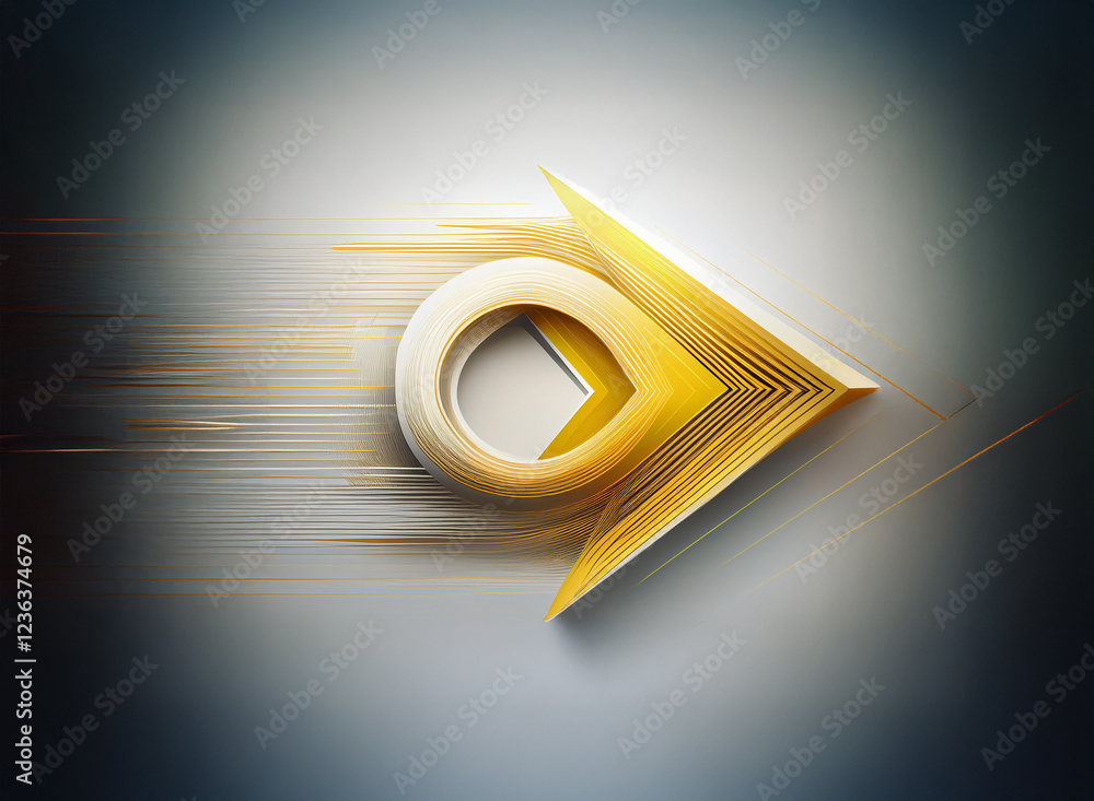 Fototapete Abstract gold arrow design, sleek and dynamic, moving with blurred speed lines against a light grey background.  The arrow suggests progress and forward momentum.