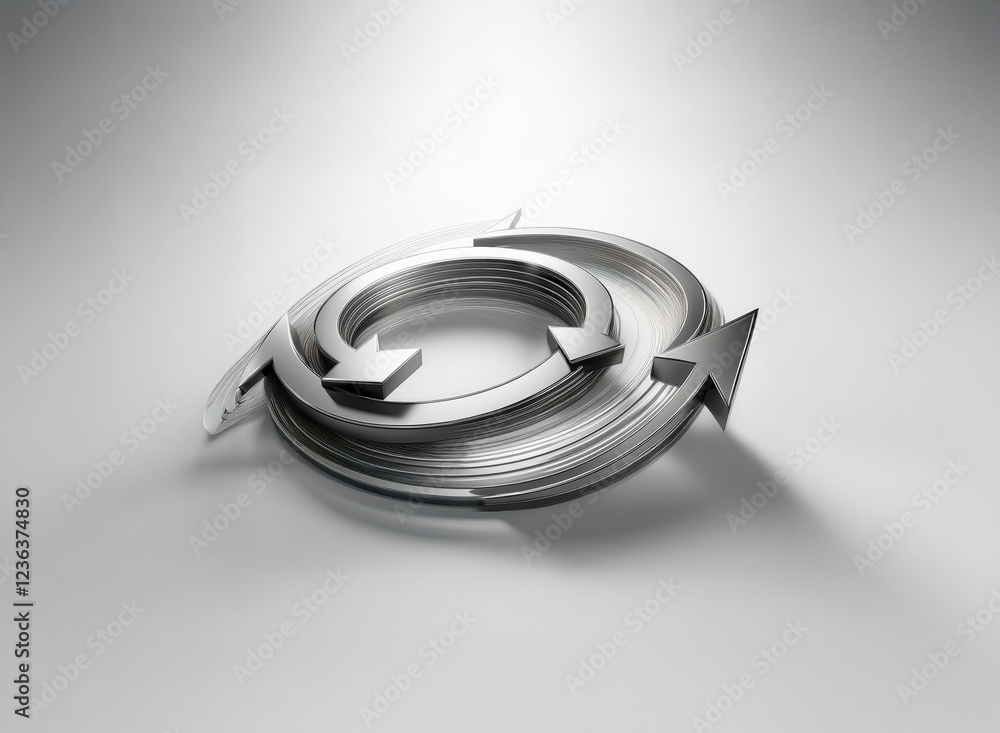 Fototapete Interlocking metallic arrows form a dynamic circular pattern, suggesting continuous movement and cyclical processes.  The design is sleek and modern, emphasizing efficiency and renewal.