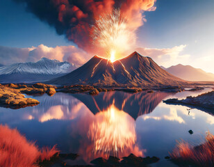 Scenic Volcano Eruption with Reflection in Serene Mountain Lake Landscape