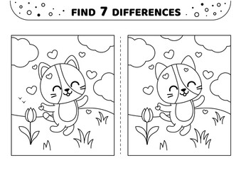 Happy cat in love. Cute. Find 7 differences. Black and white game for kids. Isolated vector illustration eps 10