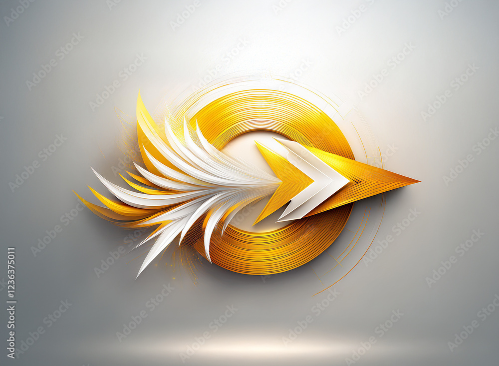 Poster golden circular arrow design with white feather-like wings, suggesting speed and progress. the symbo
