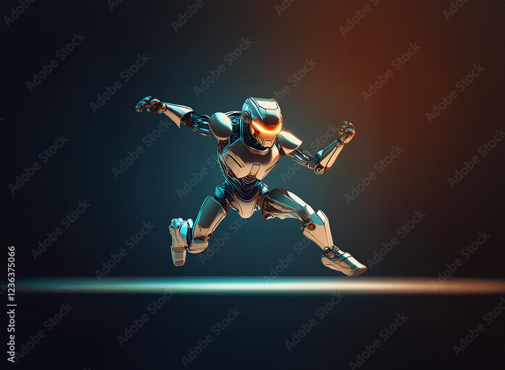 Poster A chrome robot, sleek and powerful, leaps forward with glowing orange eyes.  Its dynamic pose suggests speed and agility against a dark background.