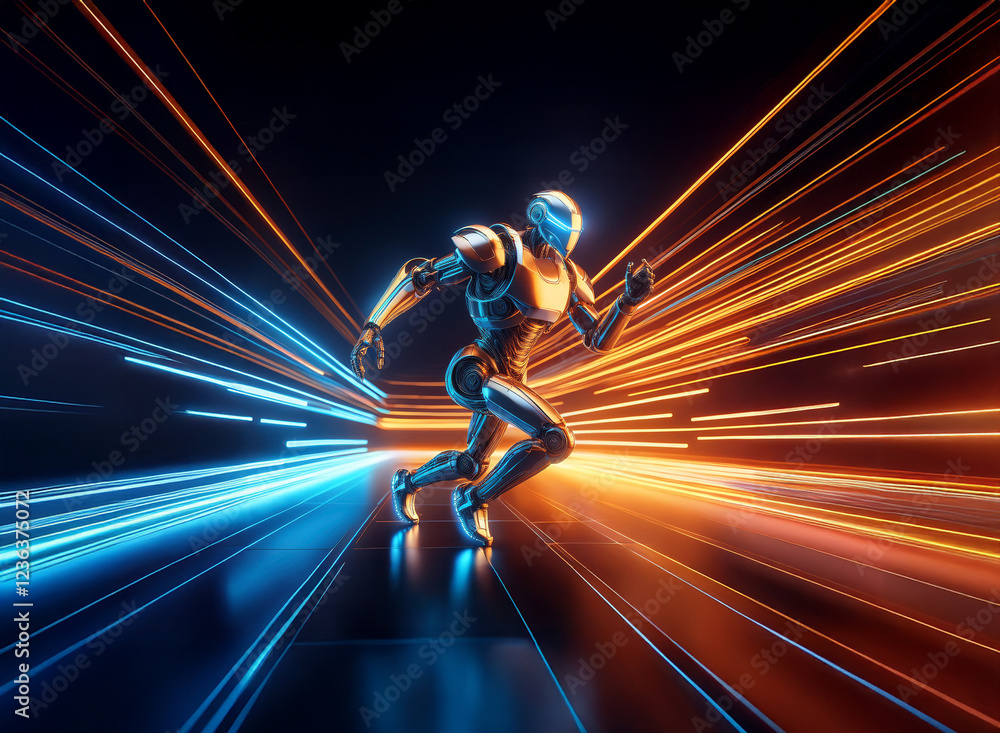 Aufkleber A metallic robot runs through a futuristic tunnel, streaks of vibrant blue and orange light illuminating its path.  Speed and technology are emphasized in this dynamic scene.