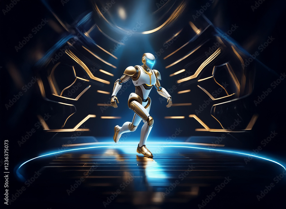 Poster a futuristic humanoid robot, gleaming white and gold, runs on a glowing circular platform within a d