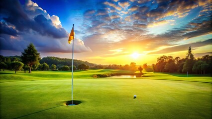 Golf Course Putting Green Hole with Flag Pole