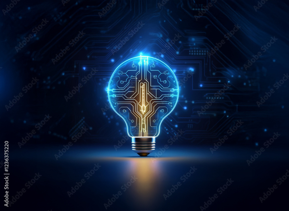 Poster A glowing lightbulb, its filament replaced by intricate circuitry, sits on a dark background patterned with circuit boards.  This symbolizes innovation and technological advancement.