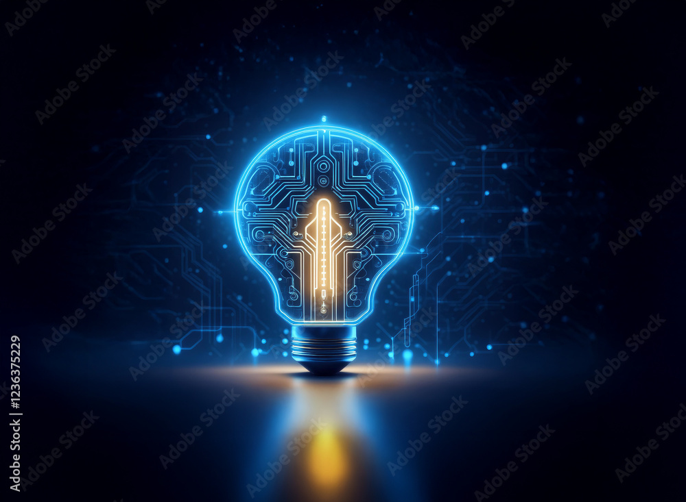 Poster a glowing lightbulb, its filament replaced by a circuit board, symbolizes innovation and technologic