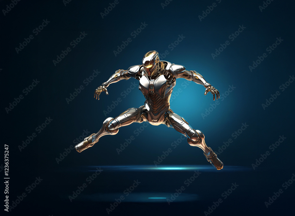 Poster a metallic, humanoid robot leaps forward, showcasing dynamic posture and sleek design against a dark