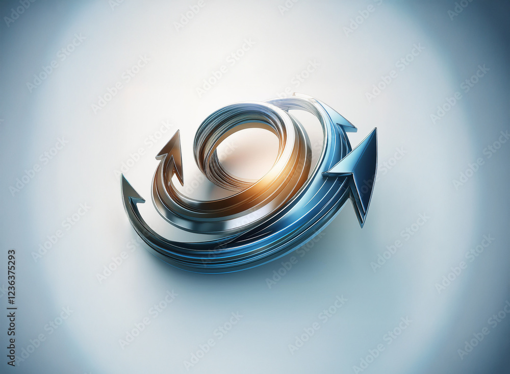 Fototapete Abstract 3D rendering of swirling, metallic blue arrows forming a circular, dynamic pattern against a bright background, symbolizing continuous progress and cyclical motion.
