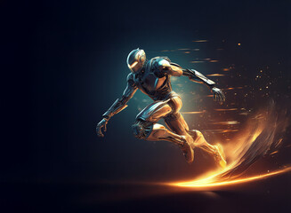 Fototapeta premium A metallic humanoid figure in dynamic motion, propelled forward by fiery trails, suggests speed and power. The dark background emphasizes the figure's glowing energy.