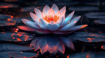 Glowing water lily reflecting in dark pond at dusk, nature serenity