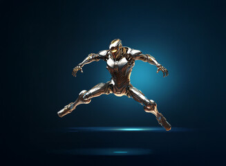 A metallic, humanoid robot leaps forward, showcasing dynamic posture and sleek design against a dark blue backdrop.  Its powerful stance suggests action and advanced technology.