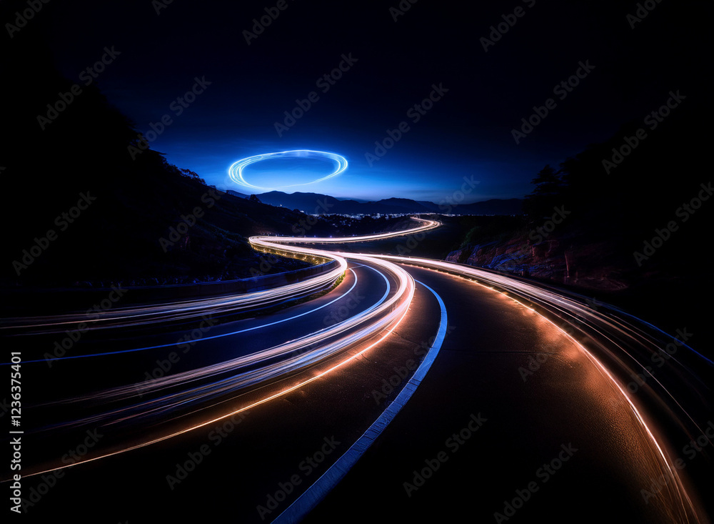 Poster winding road at night, illuminated by light trails creating a mesmerizing effect against a dark sky.