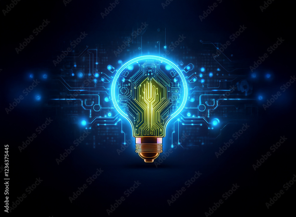 Aufkleber a glowing lightbulb, its filament replaced by a circuit board, sits against a backdrop of digital ci