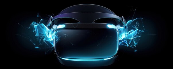 high-tech VR headset with glowing blue edges, surrounded by abstract digital energy on a dark background