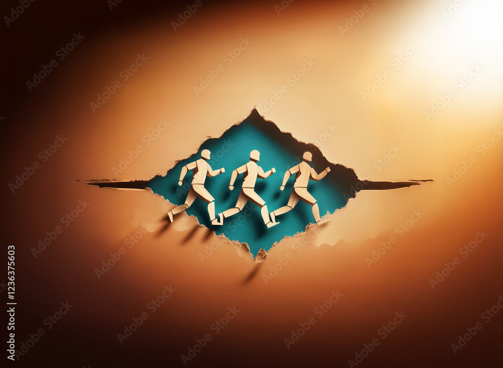 Aufkleber three figures, crafted from paper, burst through a torn background, running towards a brighter futur