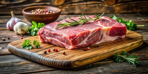 Raw boneless pork neck collar, ready for cooking.  Butcher block backdrop, recipe inspiration awaits.