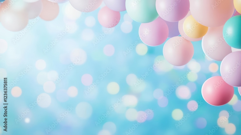 Poster vibrant and colorful balloons floating against a bright blue sky creating a joyful and playful atmos