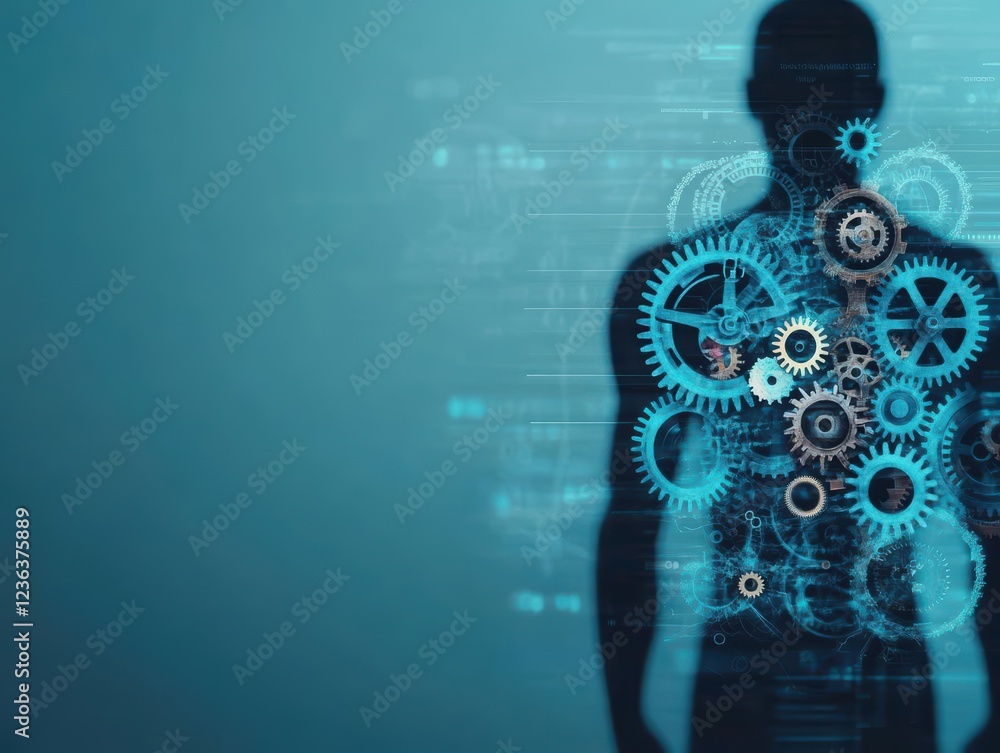 Poster silhouette of a man with intricate gears embedded in his body symbolizing human mechanism and connec