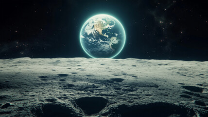 Obraz premium 月の地平線から浮かび上がる遠い地球の光