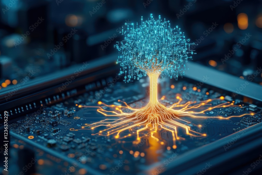 Poster a unique fusion of nature and technology featuring a lush green tree emerging from a complex circuit