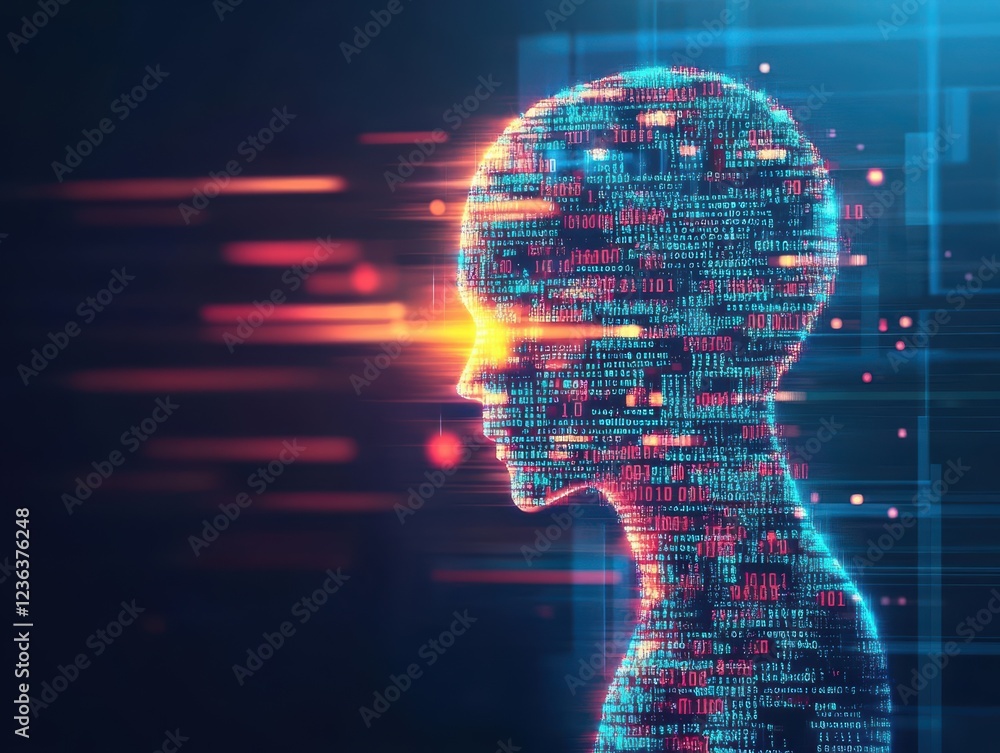Poster Silhouette of a Person Against a Dynamic Background of Binary Code Representing Technology and Digital Transformation in a Futuristic Context