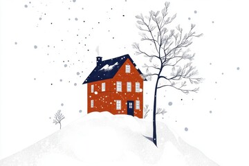 Fototapeta premium Minimalistic winter wonderland with snow-covered house and trees