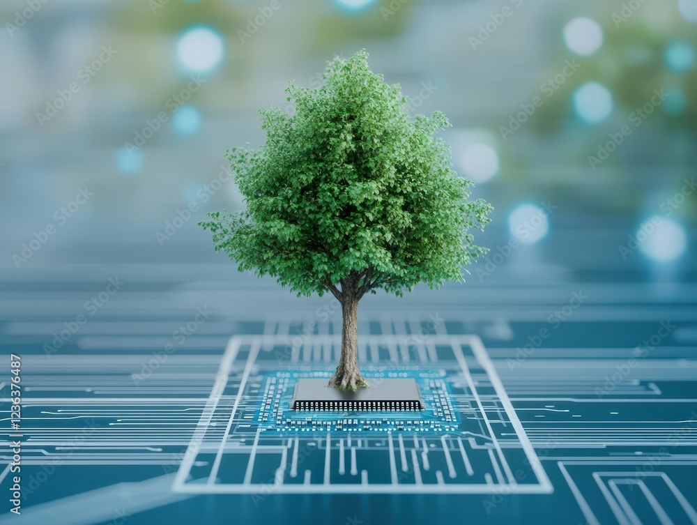 Poster a tree symbolizing nature's resilience amidst a high tech circuitry background representing the inte