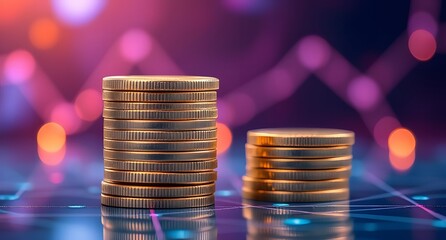 "Stack of Cryptocurrency Coins with Futuristic Lighting | Digital Currency & Blockchain Concept"